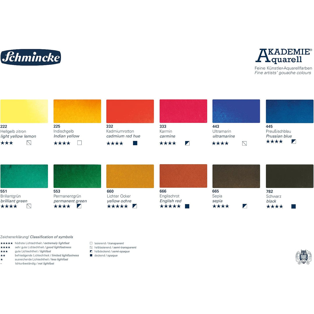 Schmincke Akademie Watercolour set, 12 Colours, Full-Pan