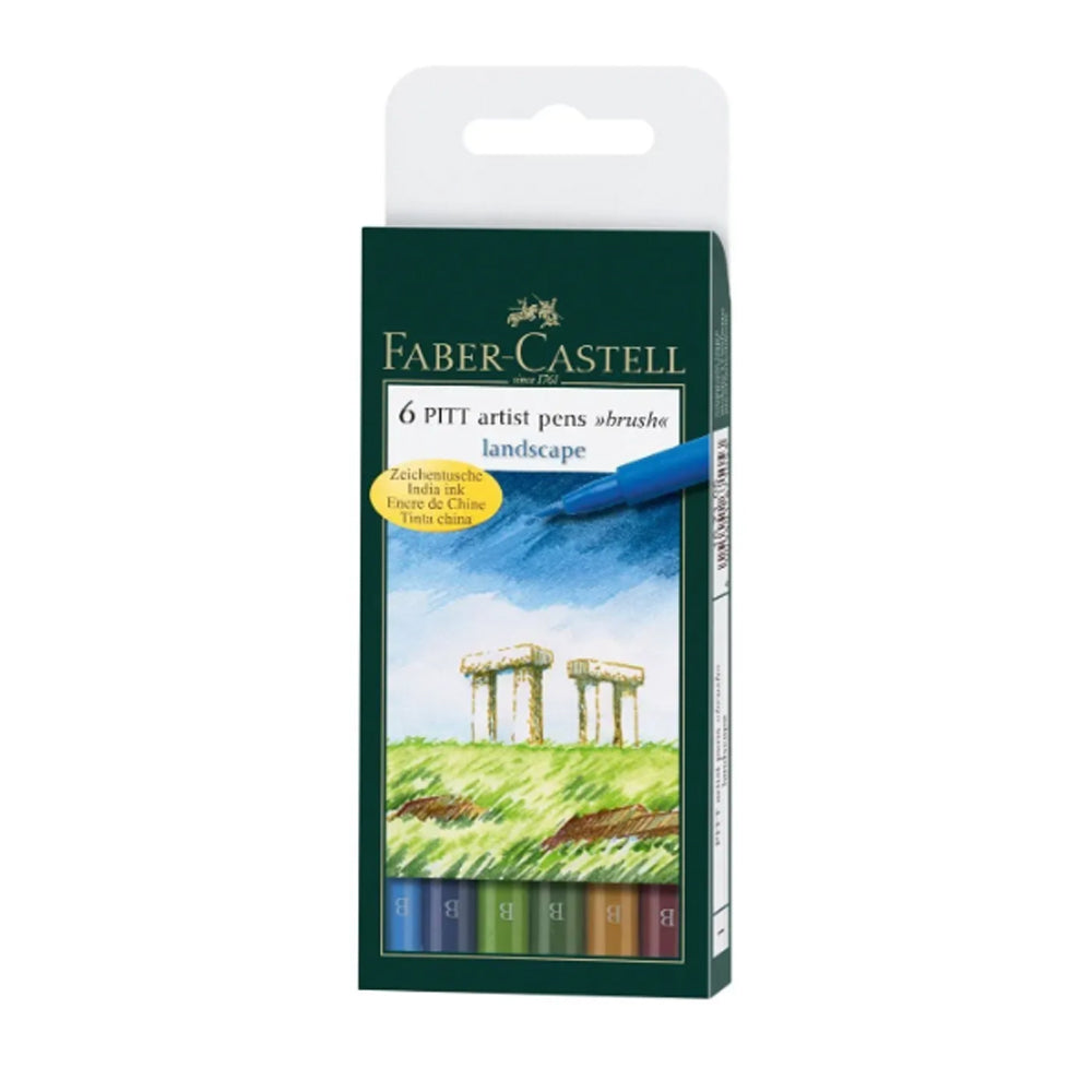 Faber-Castell Pitt Artist India Ink Brush Pen Landscape Set, 6 pcs., various colours