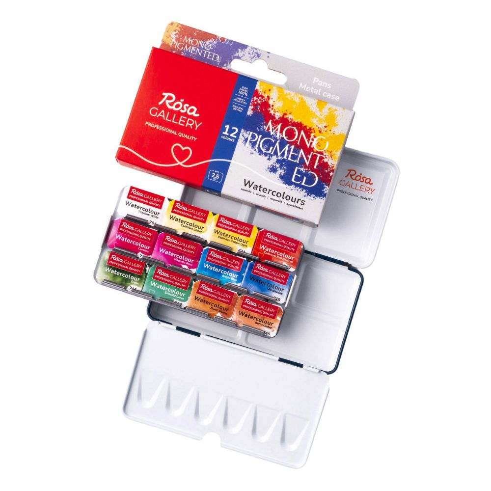 ROSA Gallery Watercolour Metal Tin Set - Monopigmented, 12 colours