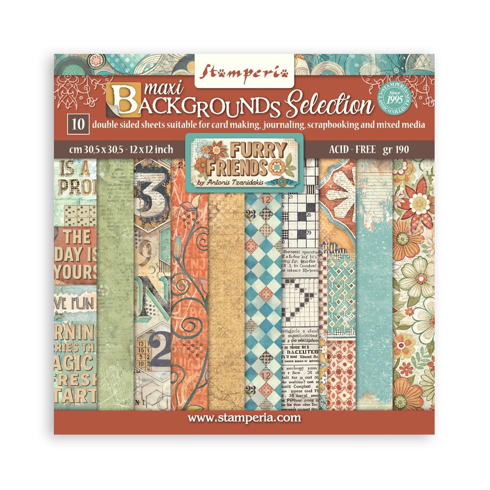 Stamperia Double-Sided Scrapbooking Paper Set - Furry Friends Backgrounds Selection, 10 units