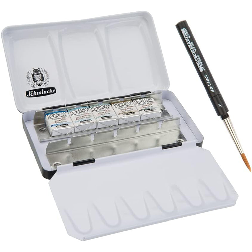 Schmincke Horadam Super Granulation Glacier Watercolor Paint Set in Metal Box, 5 Colors, ½ + Brush