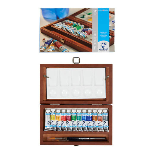 Van Gogh Watercolour Set in a Wooden Box, 12x10 ml + 3 Accessories
