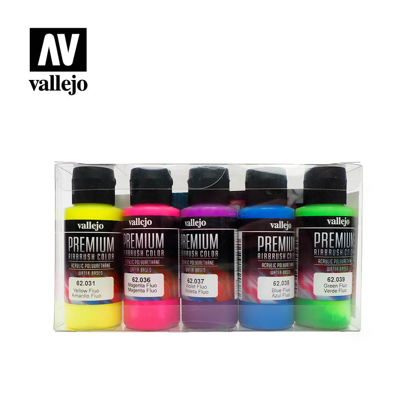 Vallejo Premium Airbrush Color Fluorescent Colors Paint Set, 5x60 ml