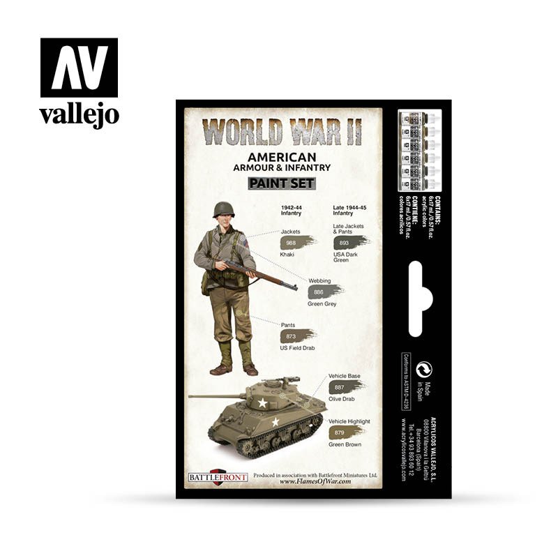 Vallejo WWII American Armour & Infantry Acrylic Paint Set, 6x17 ml