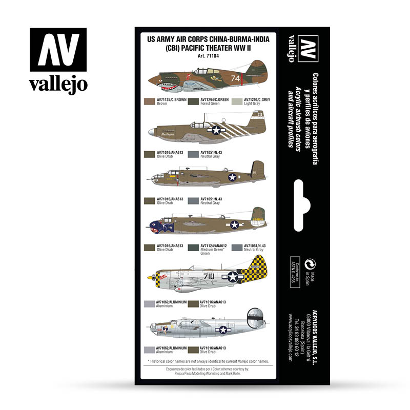 Vallejo US Army Air Corps China-Burma-India (CBI) Pacific Theather WWII Model Air Acrylic Paint Set, 8x17 ml