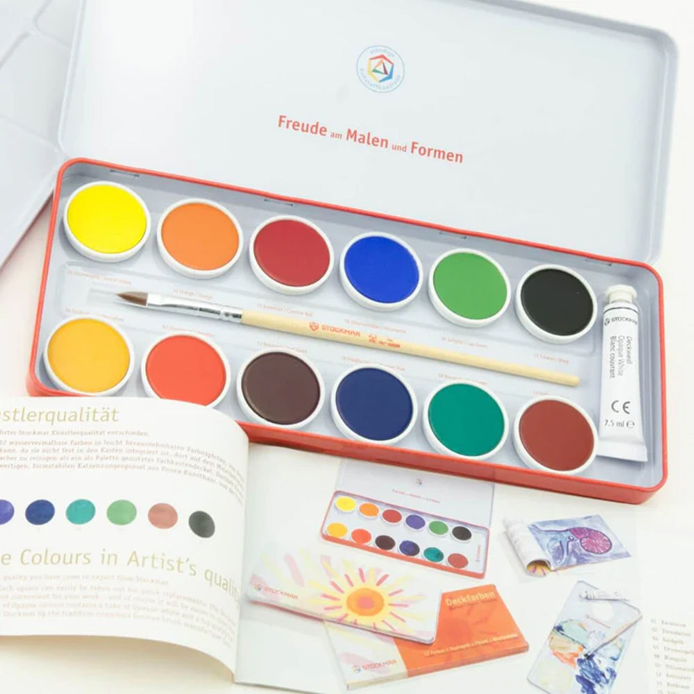 Stockmar Opaque Colour Watercolour Set, 12 colours + opaque white paint tube, brush, and palette