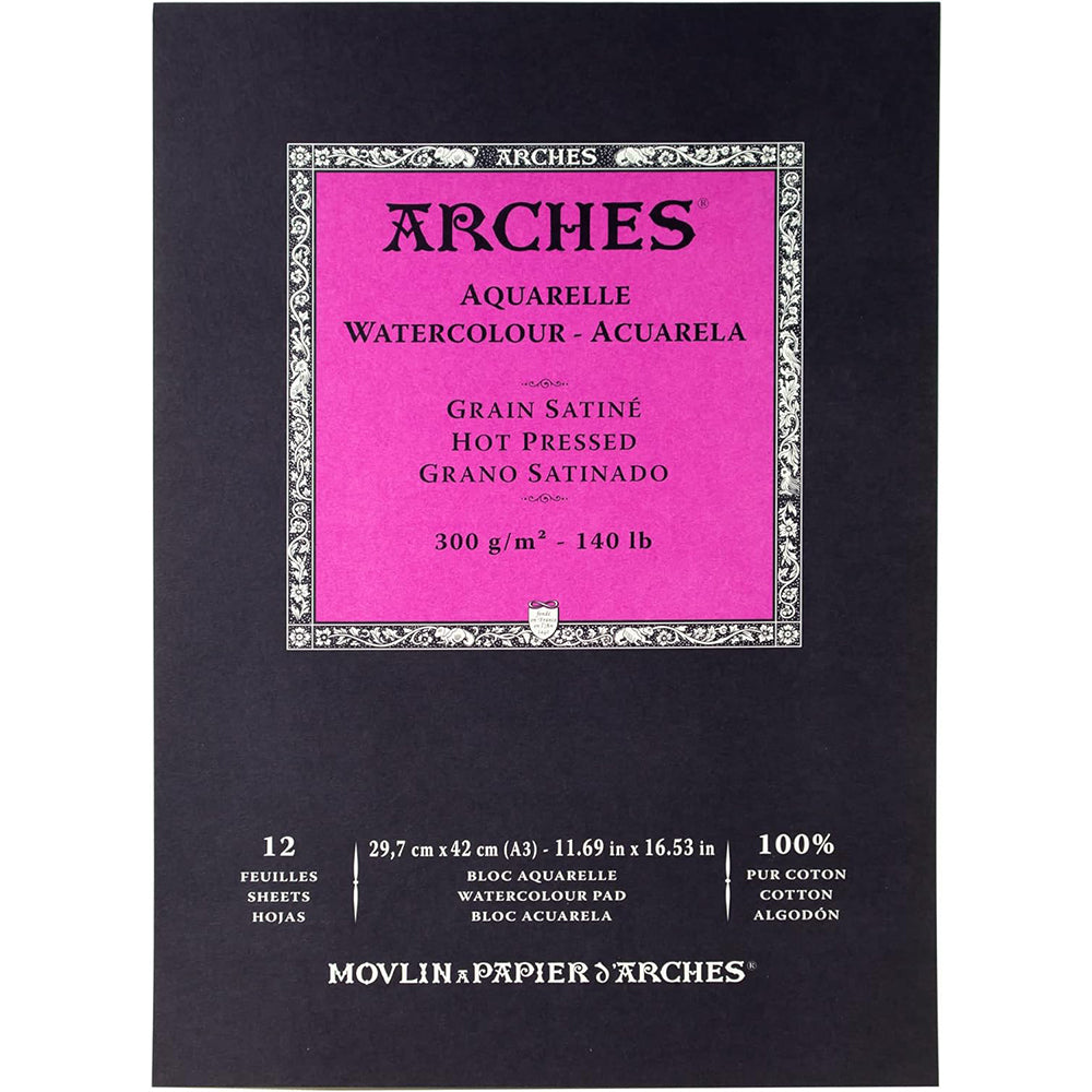 Arches Hot Pressed Watercolour Paper Pad, 100 % Cotton, 12 Sheets