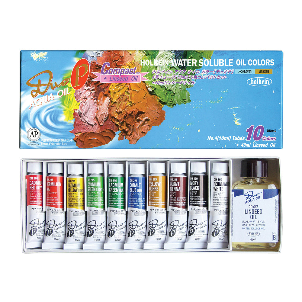 Holbein DUO Aqua Oil Water-Mixable Oil Paint Set, 10x10 ml + Linseed Oil