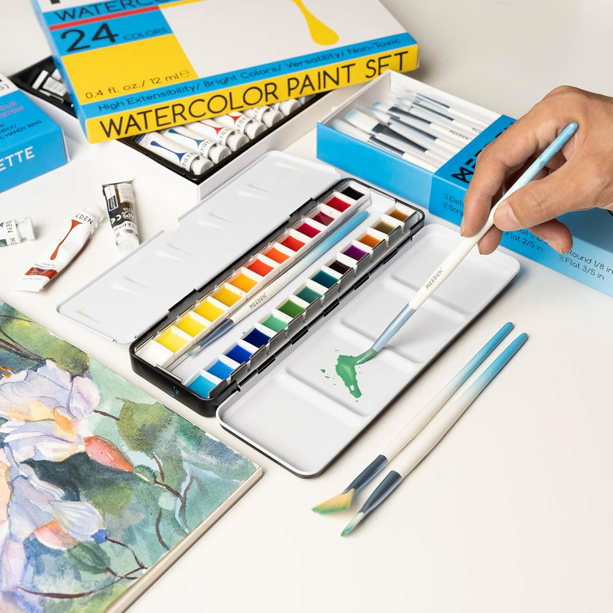 MEEDEN Empty Watercolor Paint Palette Tin Box with 24 Half-Pans