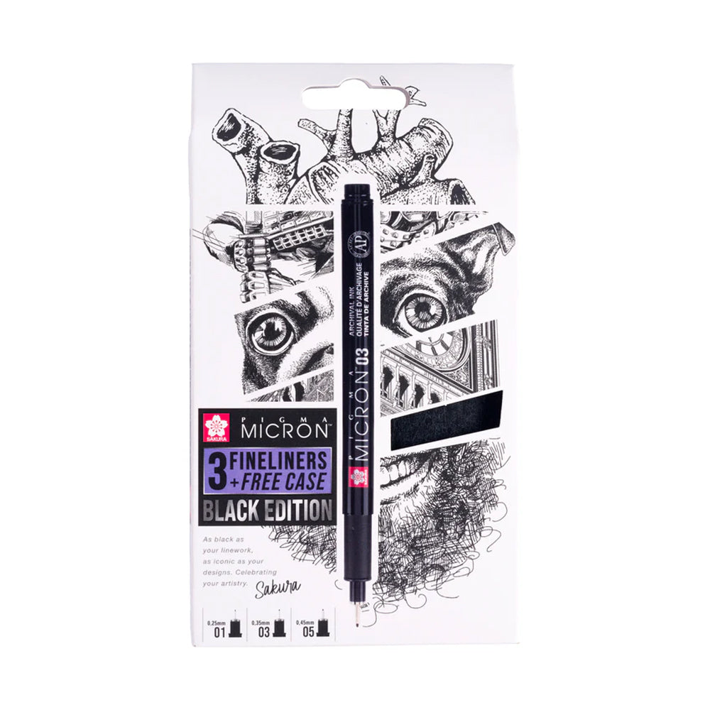 Sakura Pigma Micron Black Edition Set, 3 Pens + Pen Case