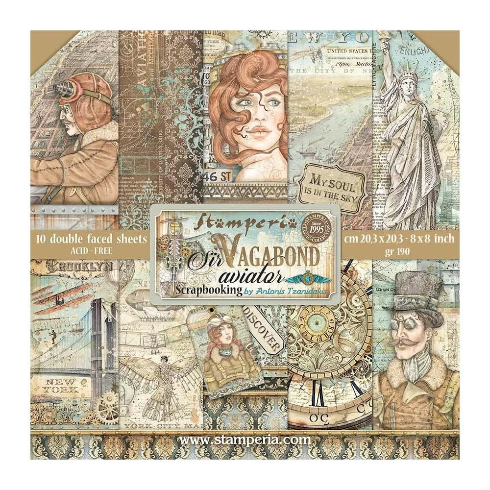 Stamperia Double-Sided Scrapbooking Paper Set - Sir Vagabond Aviator, 10 units