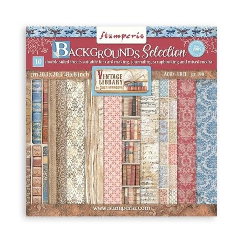 Stamperia Double-Sided Scrapbooking Paper Set - Vintage Library, Backgrounds Selection, 10 units