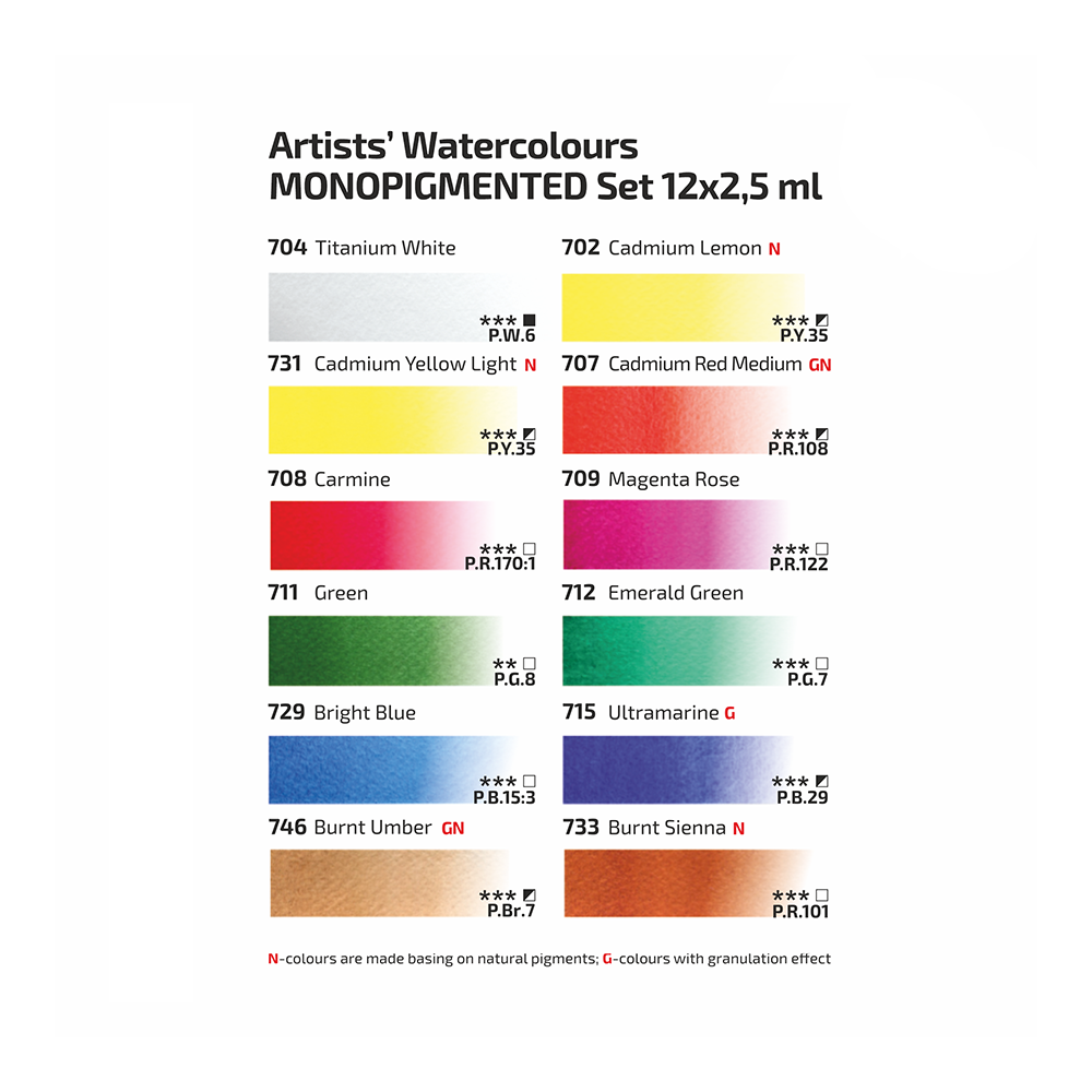 ROSA Gallery Watercolour Metal Tin Set - Monopigmented, 12 colours