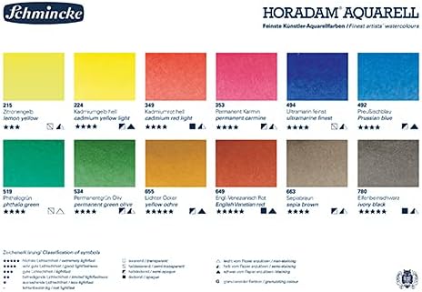 Schmincke Horadam Aquarell 12 Colour Set with a Brush, Half-Pan