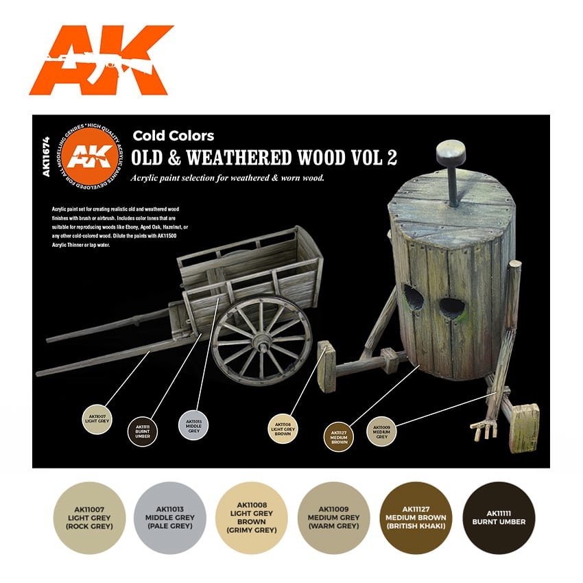 AK Interactive Old & Weathered Wood Vol.2 Acrylic Paint Set, 6x17 ml